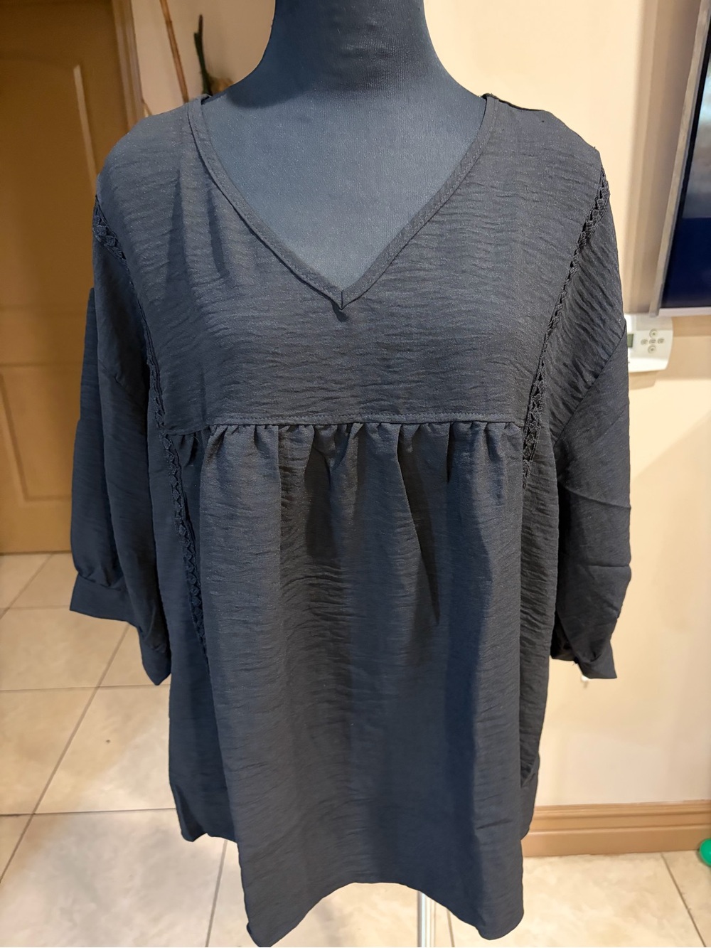 Women's Navy V-Neck Peasant Blouse